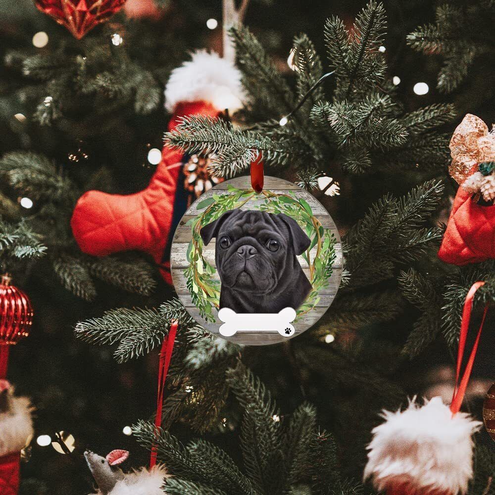 Black Pug Ornament - E&S Pets, DIY Personalizable, Ceramic Round Ornament