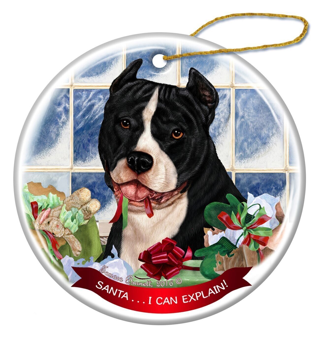 Black and White Pit Bull Cropped Dog Porcelain Ornament 'Santa.. I Can Explain!'