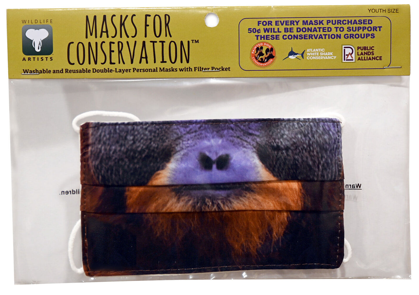 Wildlife Artists Fun Youth Animal Face Masks, Washable, Reusable - Orangutan