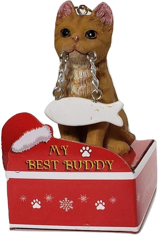 E & S Pets Orange Tabby Cat with Fish Christmas Ornament on Red Box Base