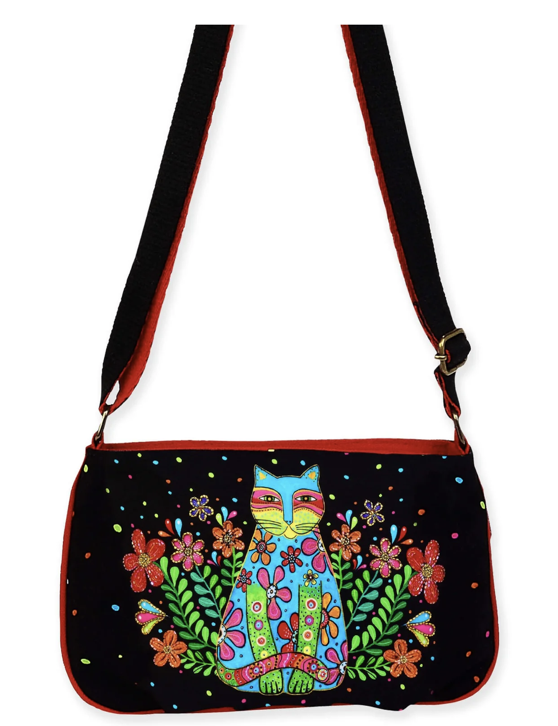 Laurel Burch Kaleidoscope Kat Cat Small Black Crossbody Bag, 9.5 x 7 inches