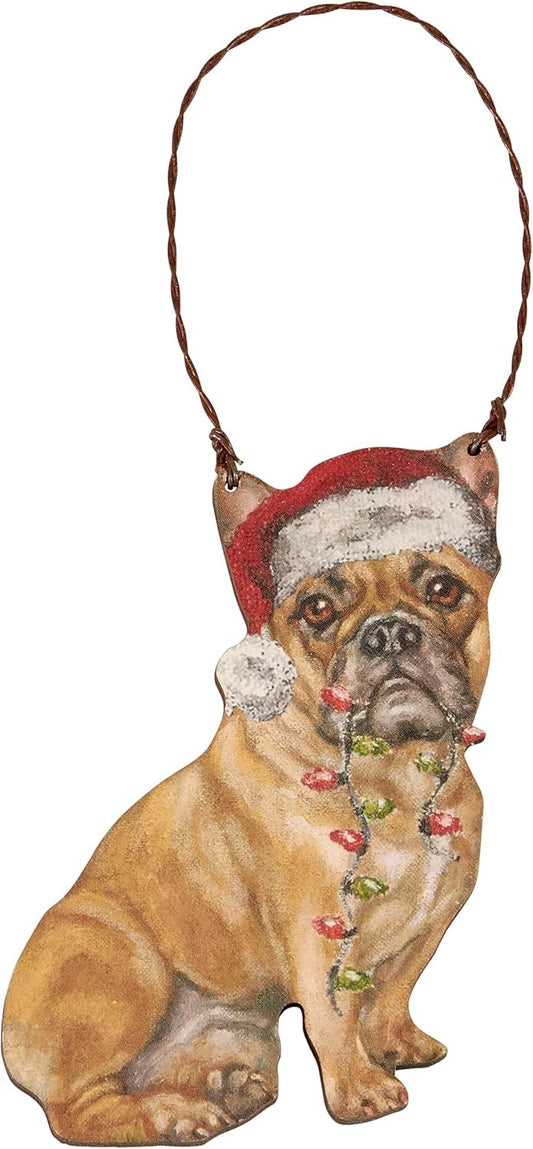 Primitives By Kathy French Bulldog with Santa Hat Wooden Christmas Ornament