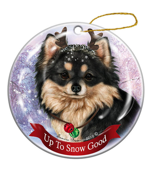 Long Haired Black/Tan Tri Chihuahua Reindeer Dog Porcelain Christmas Ornament