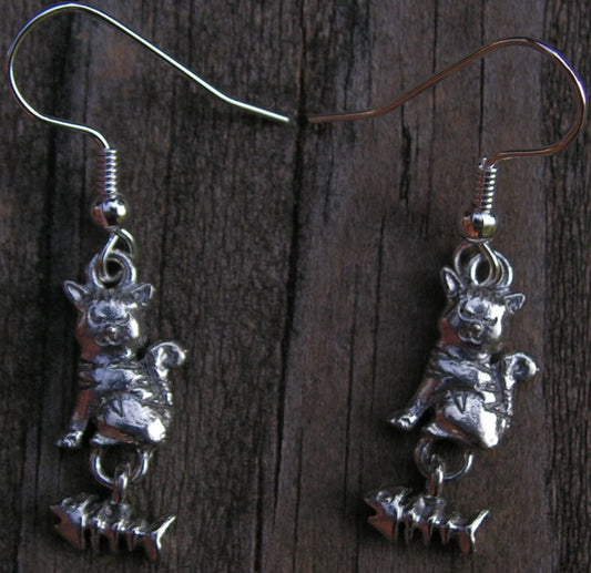 3-D Tiny Cat & Dangling Fishbone Silver Plated Lead Free Pewter Earrings