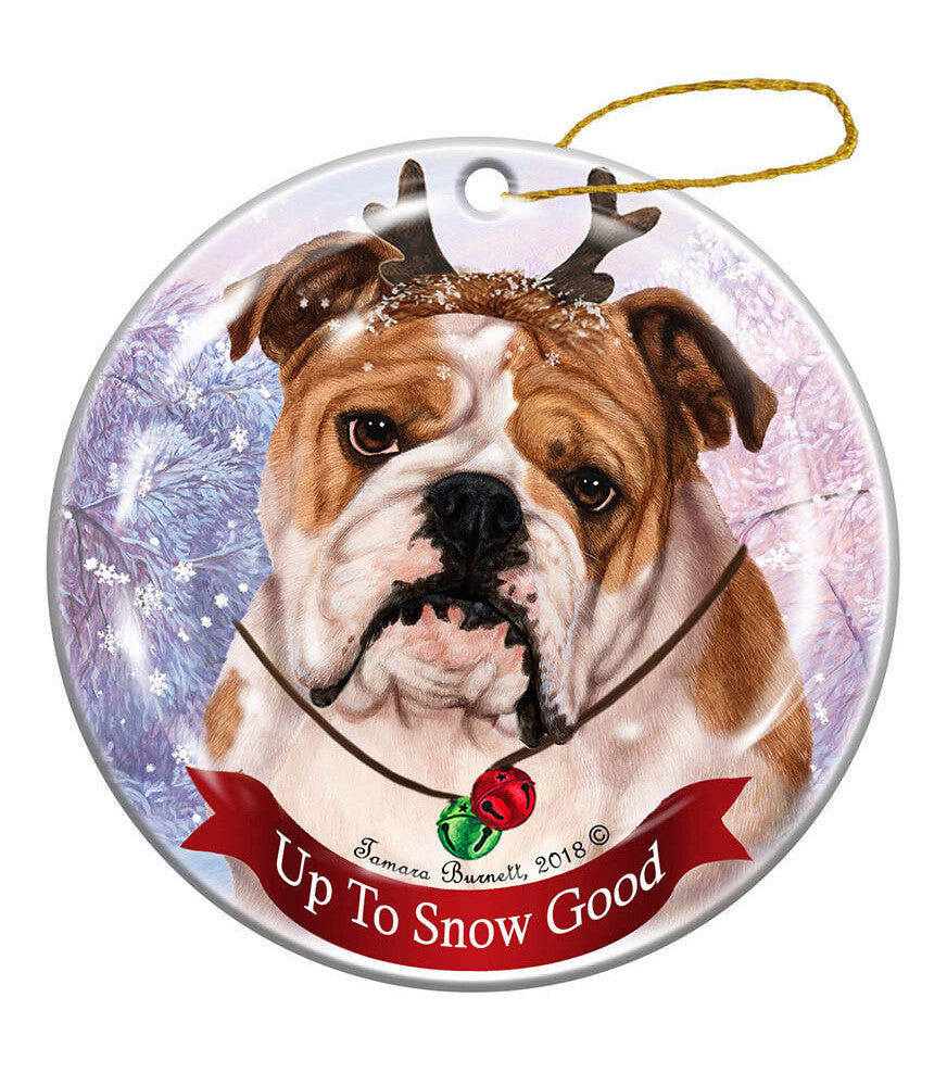 English Bulldog, Tan & White Reindeer Dog Porcelain Christmas Ornament
