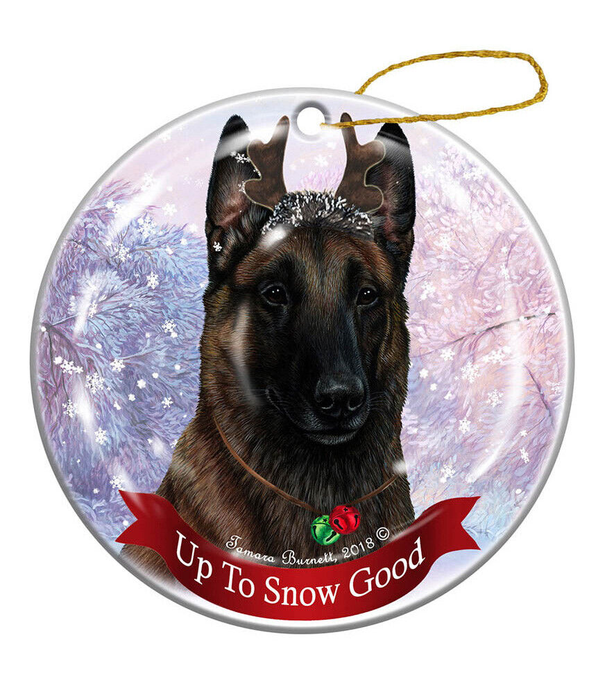 Belgian Malinois Deep Mahogany Reindeer Dog Porcelain Christmas Ornament