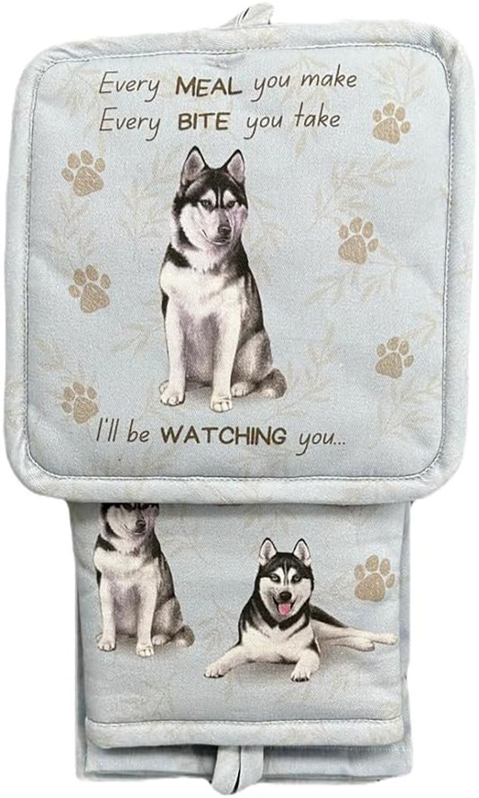E&S Pets Siberian Husky Dog 3 Piece Kitchen Set -  Oven Mitt, Towel, Pot Holder