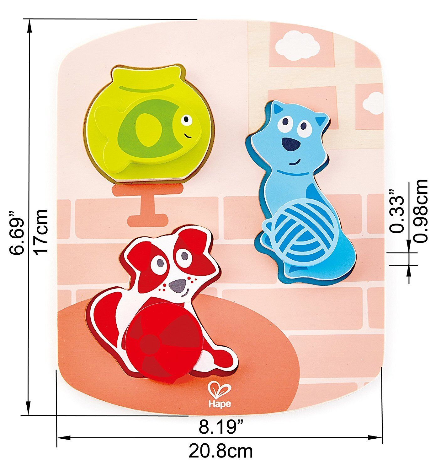 Hape Dynamic Pet, Cat, Dog, & Fish 3-Piece Wooden Puzzle for Toddlers