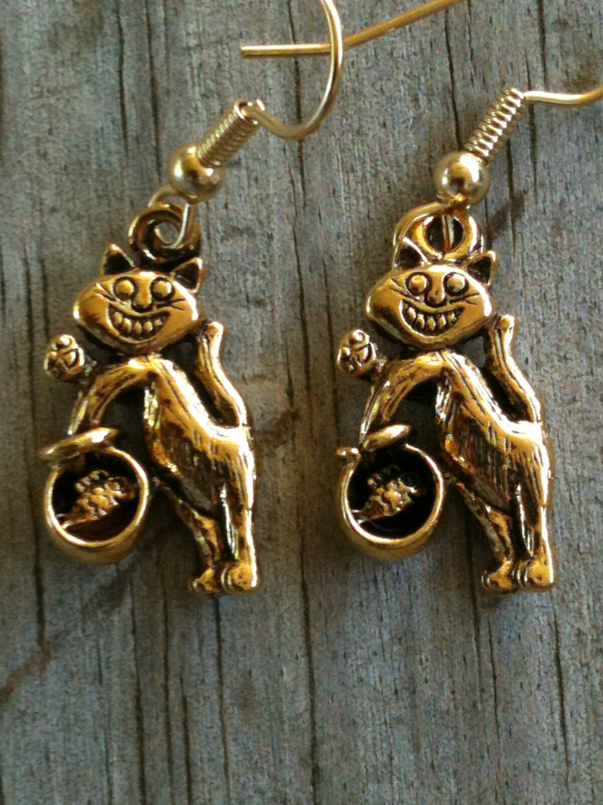 3-D Cat & Fishbowl Gold Plated Pewter Earrings