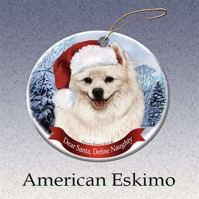 Holiday Pet Gifts American Eskimo Santa Hat Dog Porcelain Christmas Ornament