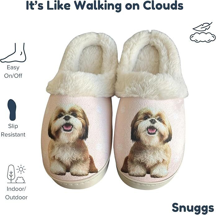 E&S Pets Tan Shih Tzu Snugg Slippers for Pet Lovers - Fuzzy Memory Foam, L/XL