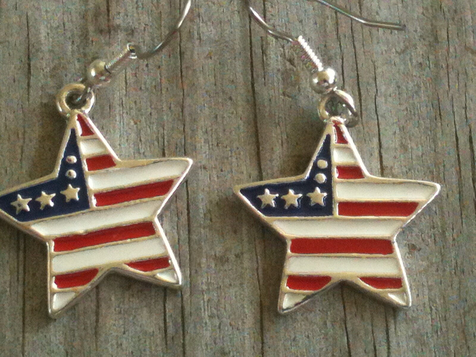 Enameled Star on American Flag Silver Plated Earrings