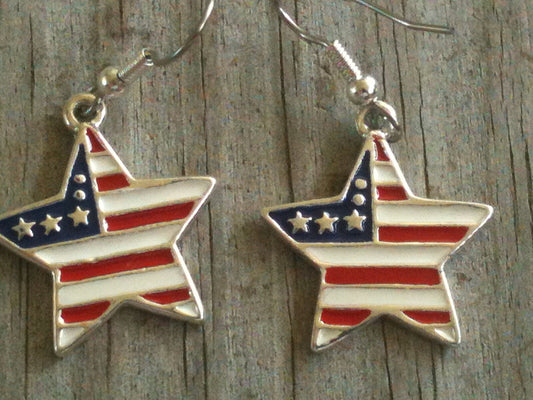 Enameled Star on American Flag Silver Plated Earrings