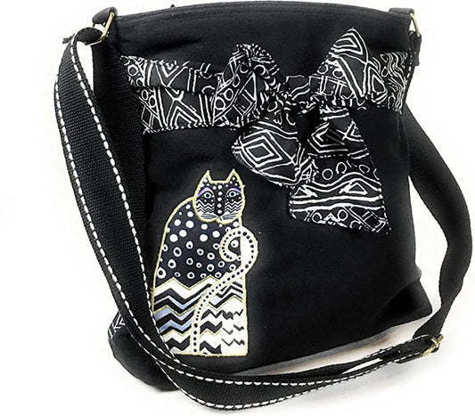 Laurel Burch Feline Crossbody Shoulder Bag Purse, Black Polka Dot Cat