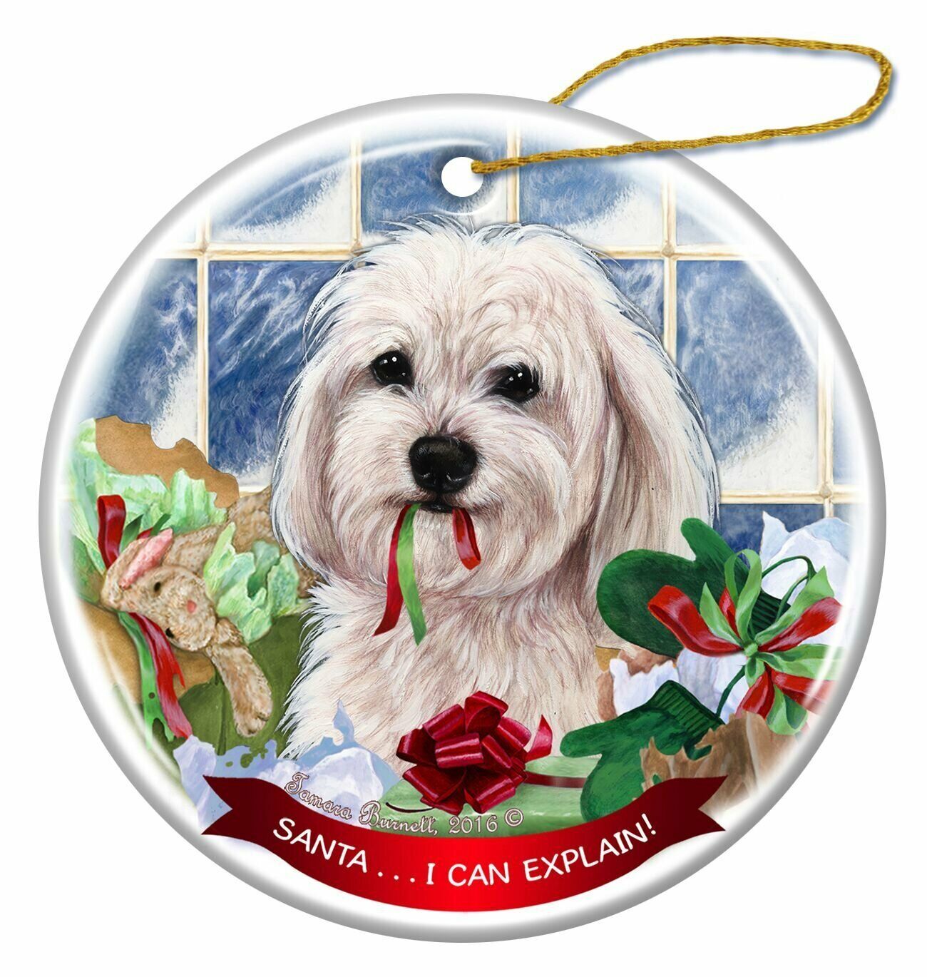 White Havanese Dog Porcelain Hanging Ornament Pet Gift 'Santa.. I Can Explain!'