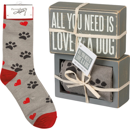 Primitives by Kathy Box Sign/Sock Set - All You Need is Love and a Dog