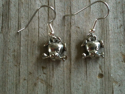 Cute Dog Head with Bone Silver Plated Lead Free Pewter Earrings