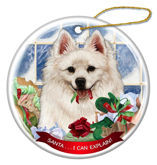 American Eskimo Dog Porcelain Hanging Ornament Pet 'Santa.. I Can Explain!'