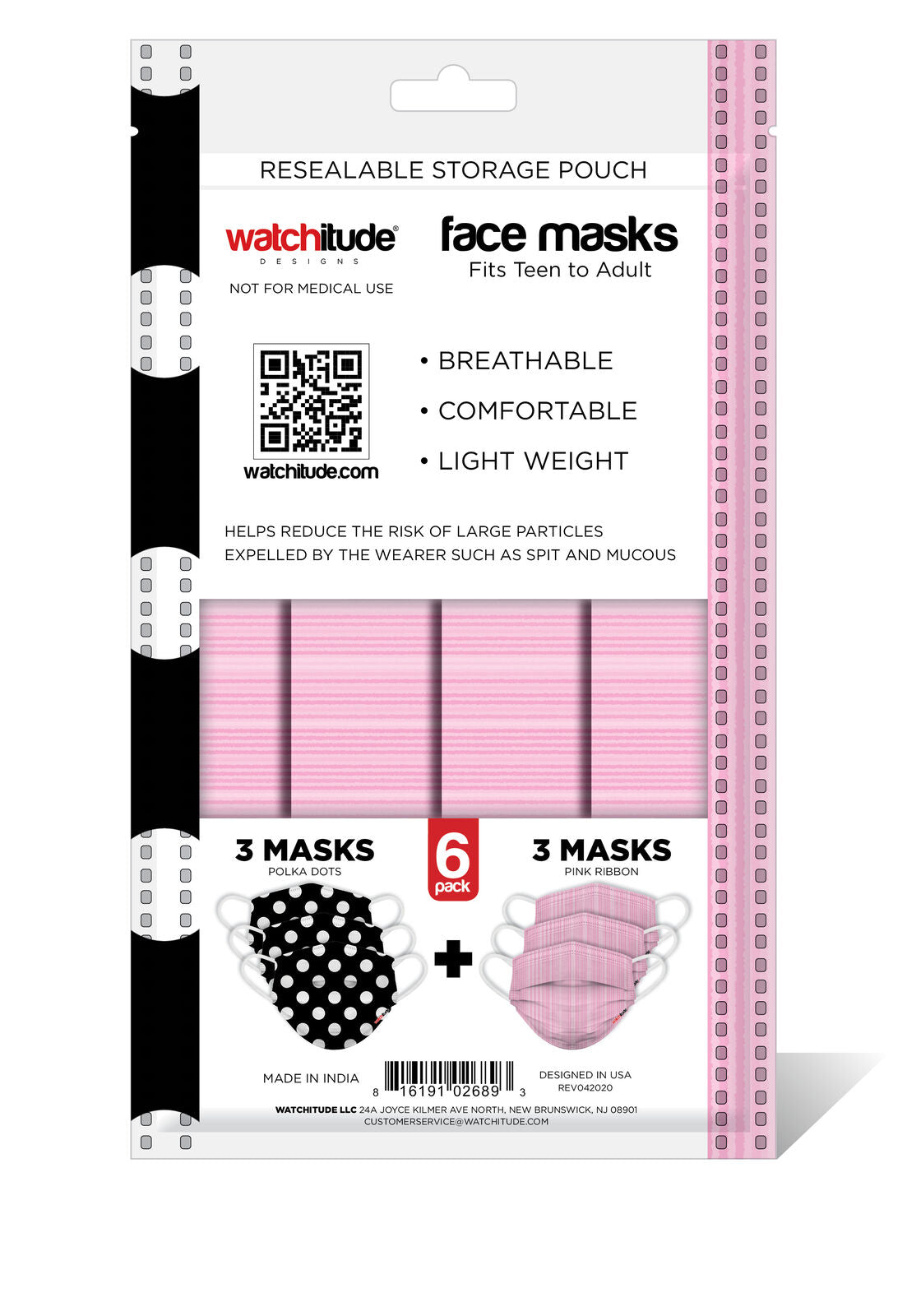 Watchitude Fun Face Masks for Adults/Teens - 6 pack - Polka Dot, Pink Ribbon