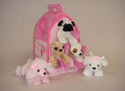 Plush Pink Dog House with Dogs - Five Stuffed Animal Dogs in Pink Dog House