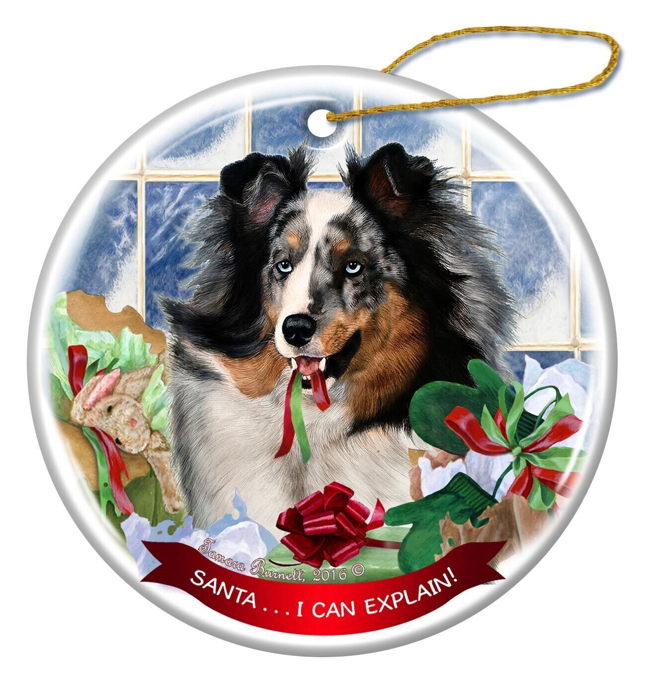 Blue Merle Sheltie Dog Porcelain Ornament Pet Gift 'Santa.. I Can Explain!'