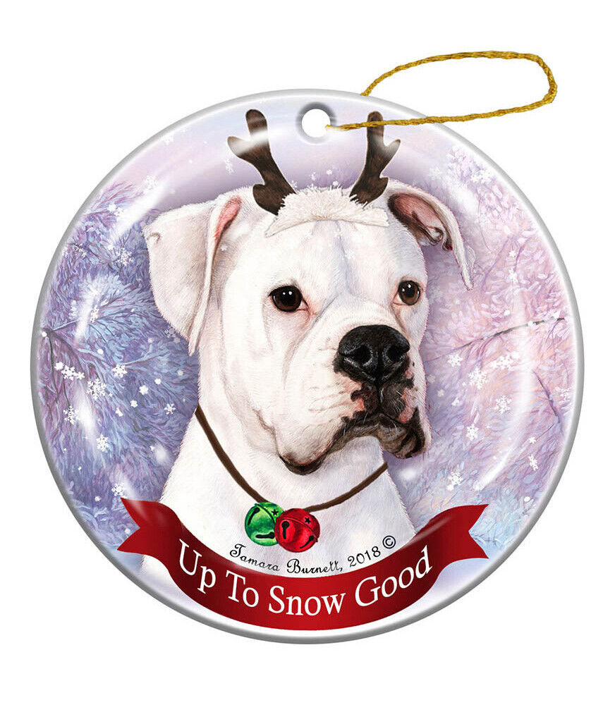 Holiday Pet White Boxer Uncropped Reindeer Dog Porcelain Christmas Ornament