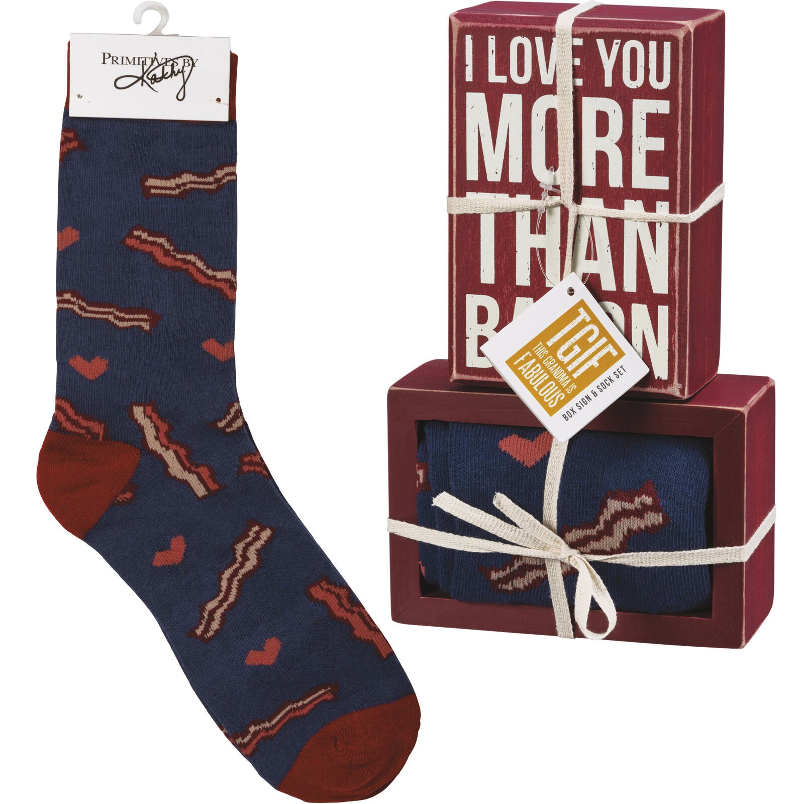 Primitives by Kathy Decorative Box Sign & Pair of Socks Gift Set - I Love You