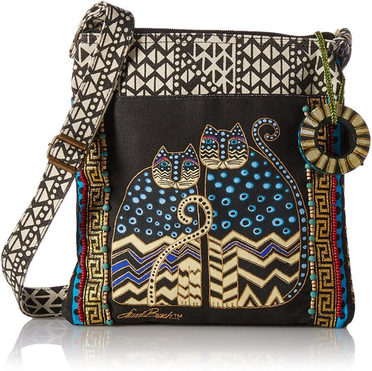 Laurel Burch LB4315 Crossbody Tote w/ Zipper Top, Spotted Cats, Polka Dot Gatos