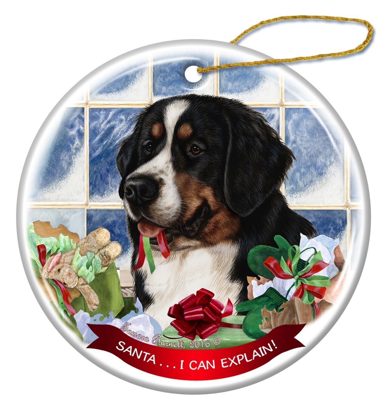 Bernese Mountain Dog Porcelain Hanging Ornament Pet Santa I Can Explain!