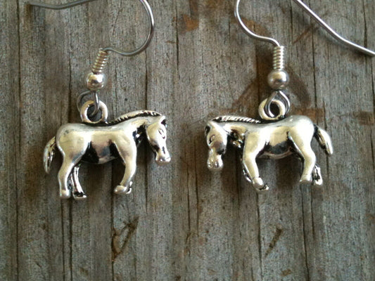 3D Standing Horse Silver Plated Pewter Earrings