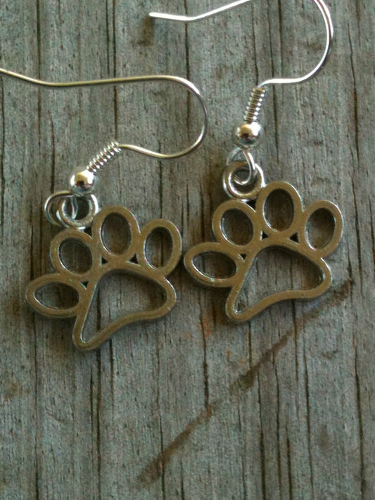 Silver Plated Flat Wire Outline Cat/Dog/Tiger Paw Print Earrings