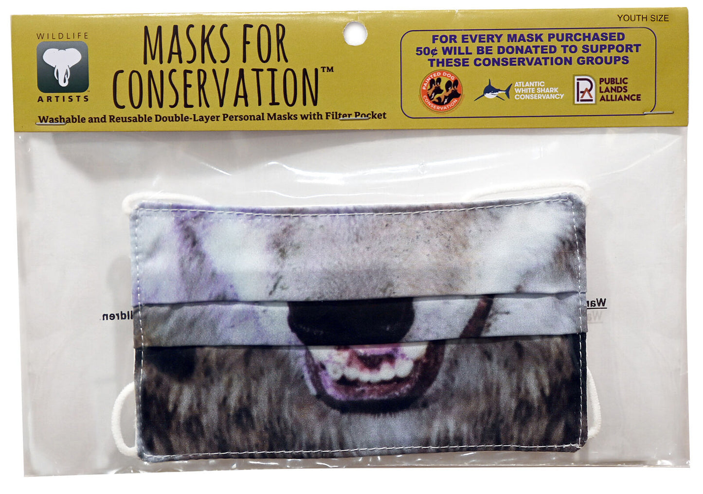 Wildlife Artists Fun Youth Animal Face Masks, Washable, Reusable - Wolf