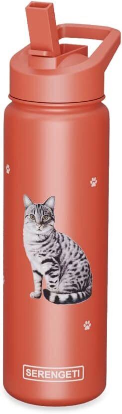 E&S Pets Stainless Steel Water Bottle 24 Oz., Spill Proof (Silver Tabby Cat)