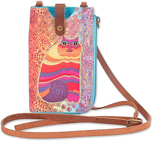 Laurel Burch Crossbody Cell Phone Purse - Rainbow Love Canvas (C. Orange Cat)