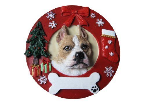 Pit Bull Fawn and White Christmas Ornament Wreath Shaped Easily Personalized