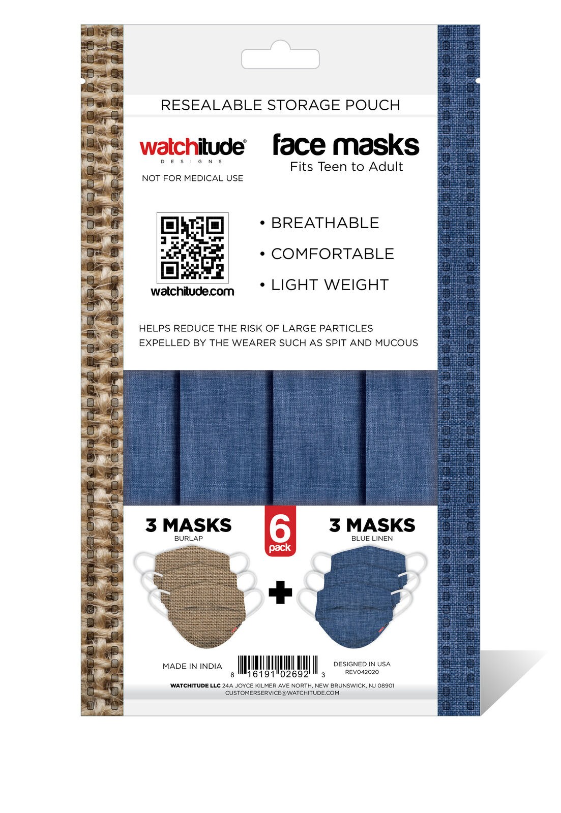 Watchitude Fun Face Masks for Adults/Teens - 6 pack - Burlap, Blue Linen