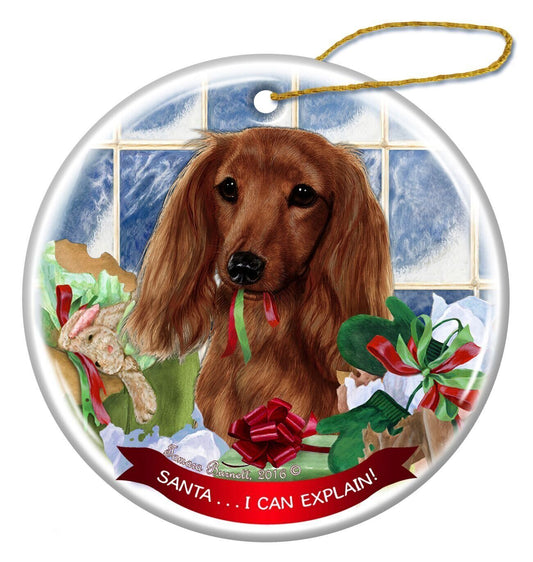 Long Haired Red Dachshund Dog Porcelain Ornament 'Santa.. I Can Explain!'