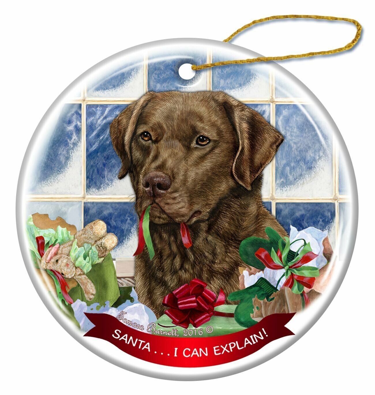 Brown Chesapeake Bay Retriever Porcelain Ornament 'Santa.. I Can Explain!'