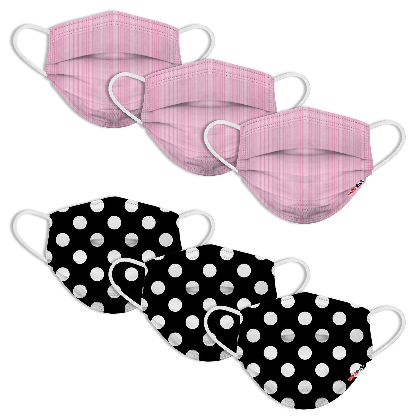 Watchitude Fun Face Masks for Adults/Teens - 6 pack - Polka Dot, Pink Ribbon