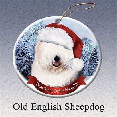 Holiday Pet Gifts Old English Sheep Santa Hat Dog Porcelain Christmas Ornament