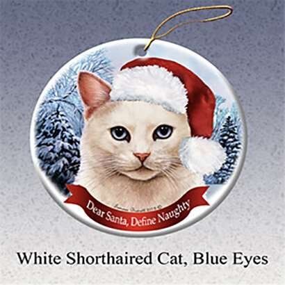 Holiday Gift White Shorthair Cat, Blue Eyes Santa Hat Christmas Ornament