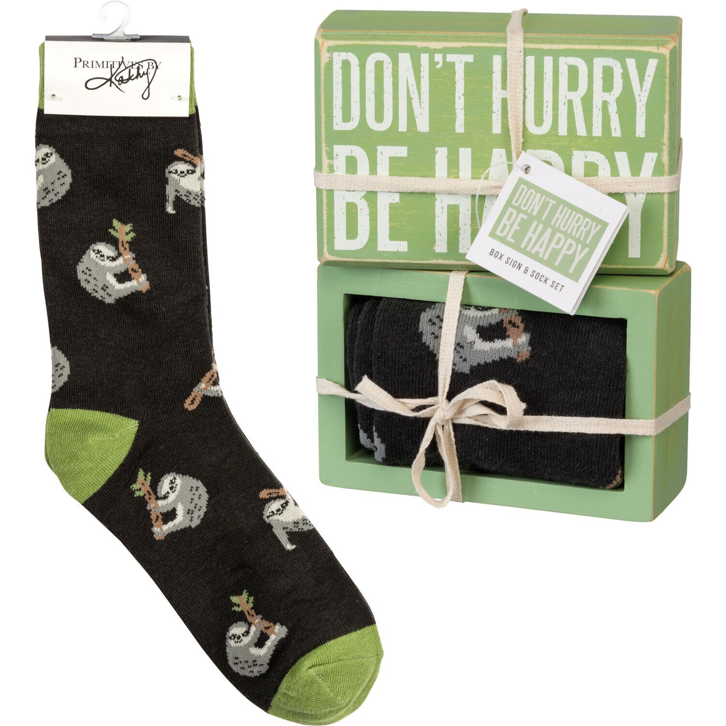 Primitives by Kathy Box Sign/Sock Set - Don't Hurry Be Happy Sloth