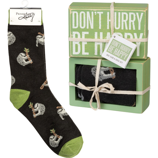 Primitives by Kathy Box Sign/Sock Set - Don't Hurry Be Happy Sloth