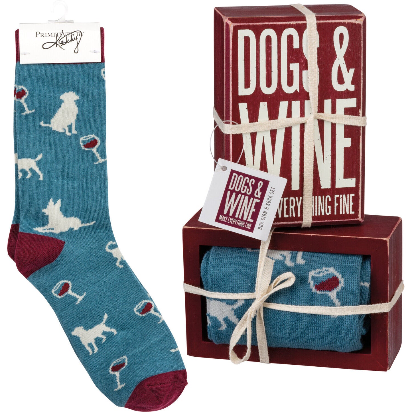 Primitives by Kathy Box Sign/Sock Set - Dogs & Wine Make Everything Fine
