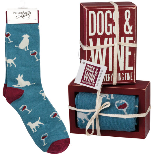 Primitives by Kathy Box Sign/Sock Set - Dogs & Wine Make Everything Fine