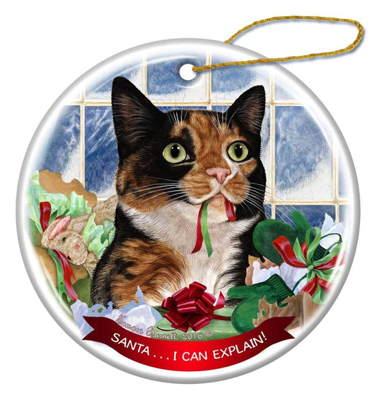 Tortoiseshell Calico Cat Porcelain Ornament Pet Gift 'Santa.. I Can Explain!'