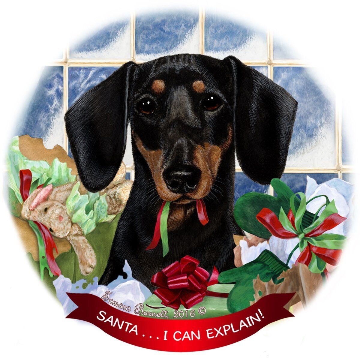 Black & Tan Short Hair Dachshund Porcelain Ornament Santa I Can Explain!