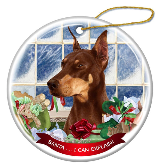 Red Doberman Cropped Ears Dog Porcelain Ornament 'Santa.. I Can Explain!'