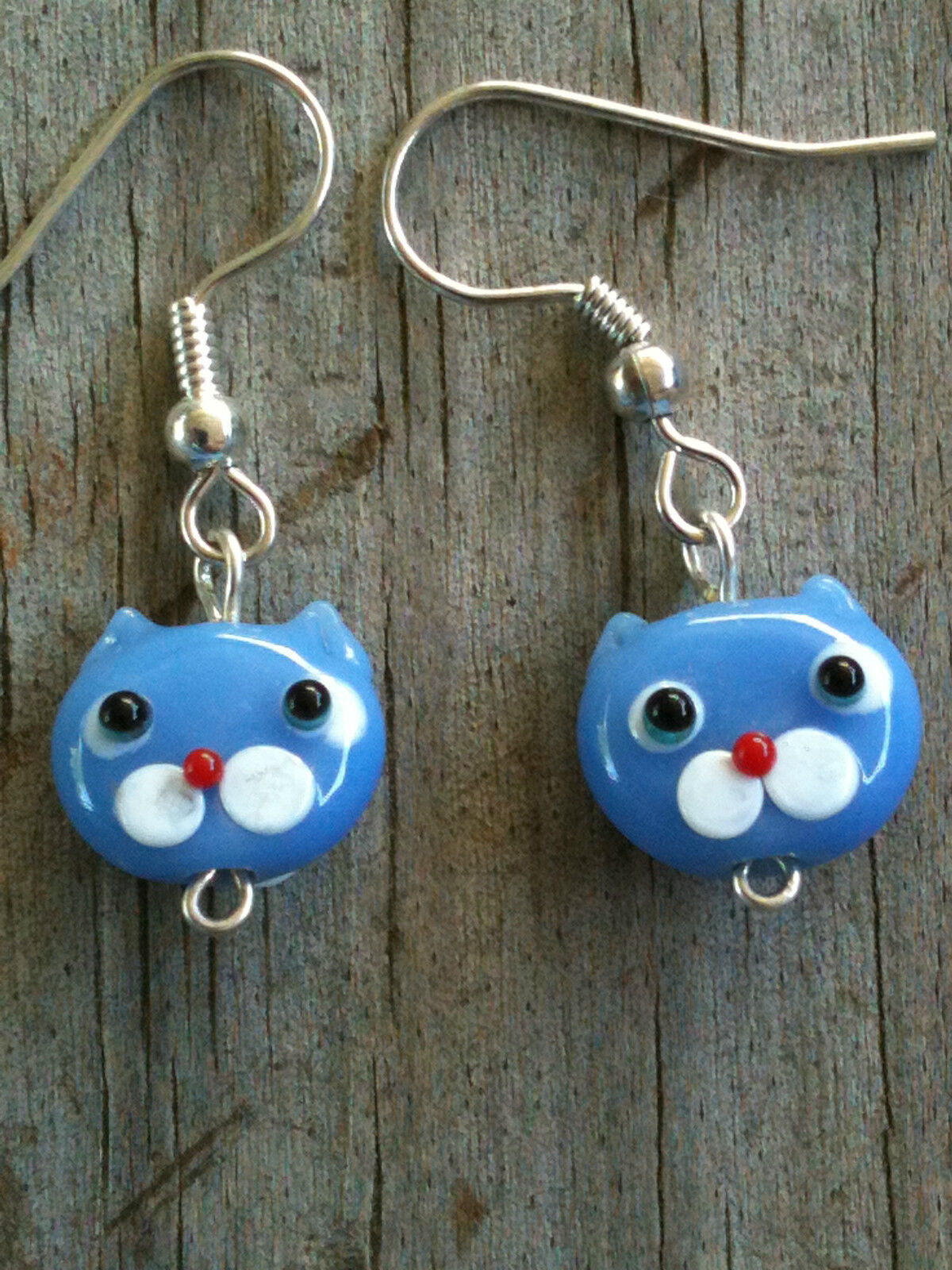 Opaque Blue Cat Face Lampwork Glass Earrings-2 sided  