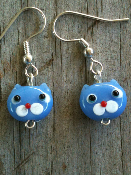 Opaque Blue Cat Face Lampwork Glass Earrings-2 sided  